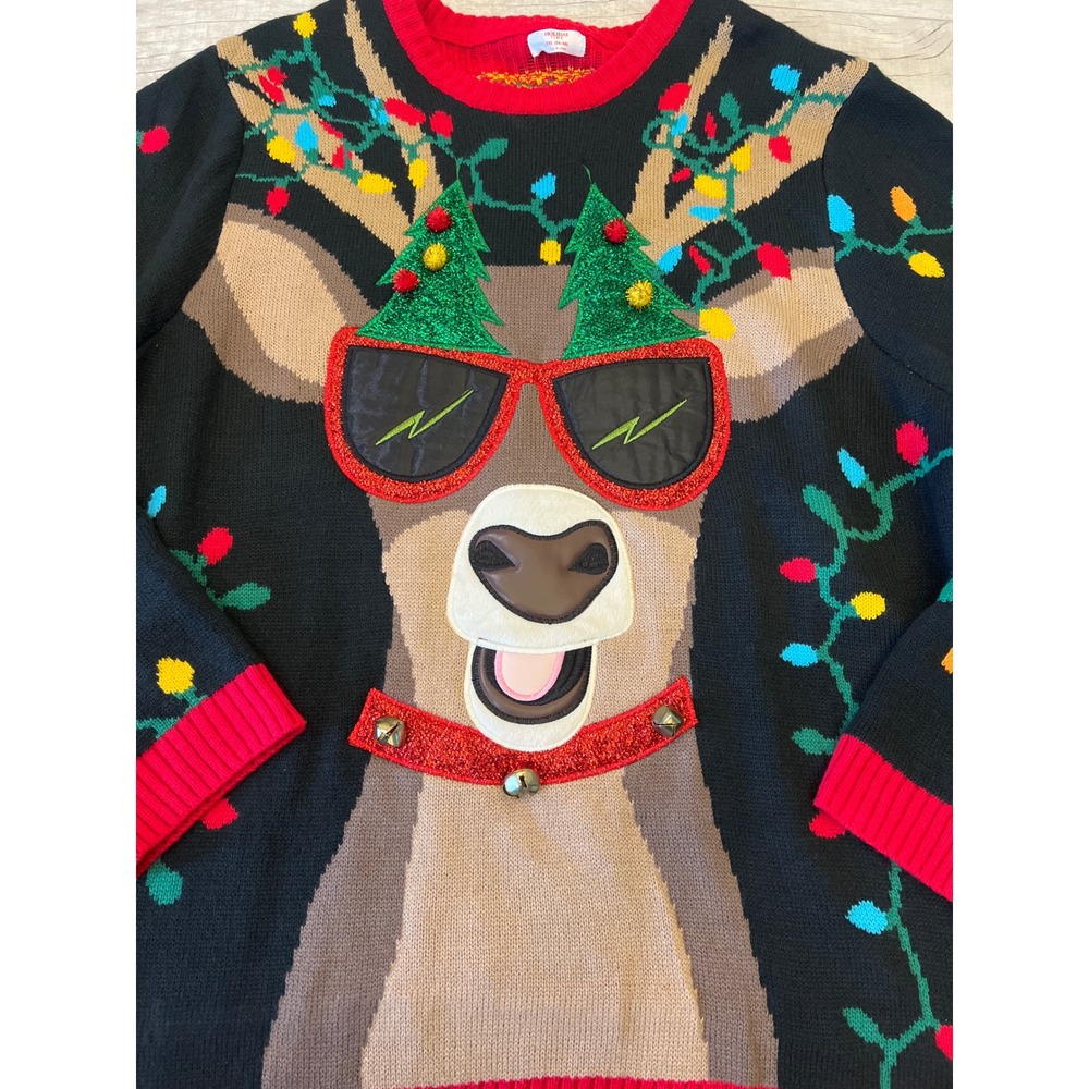 Holiday Time Mens 3XL Ugly Christmas Sweater Reindeer Sunglasses Jingle Bells 3D